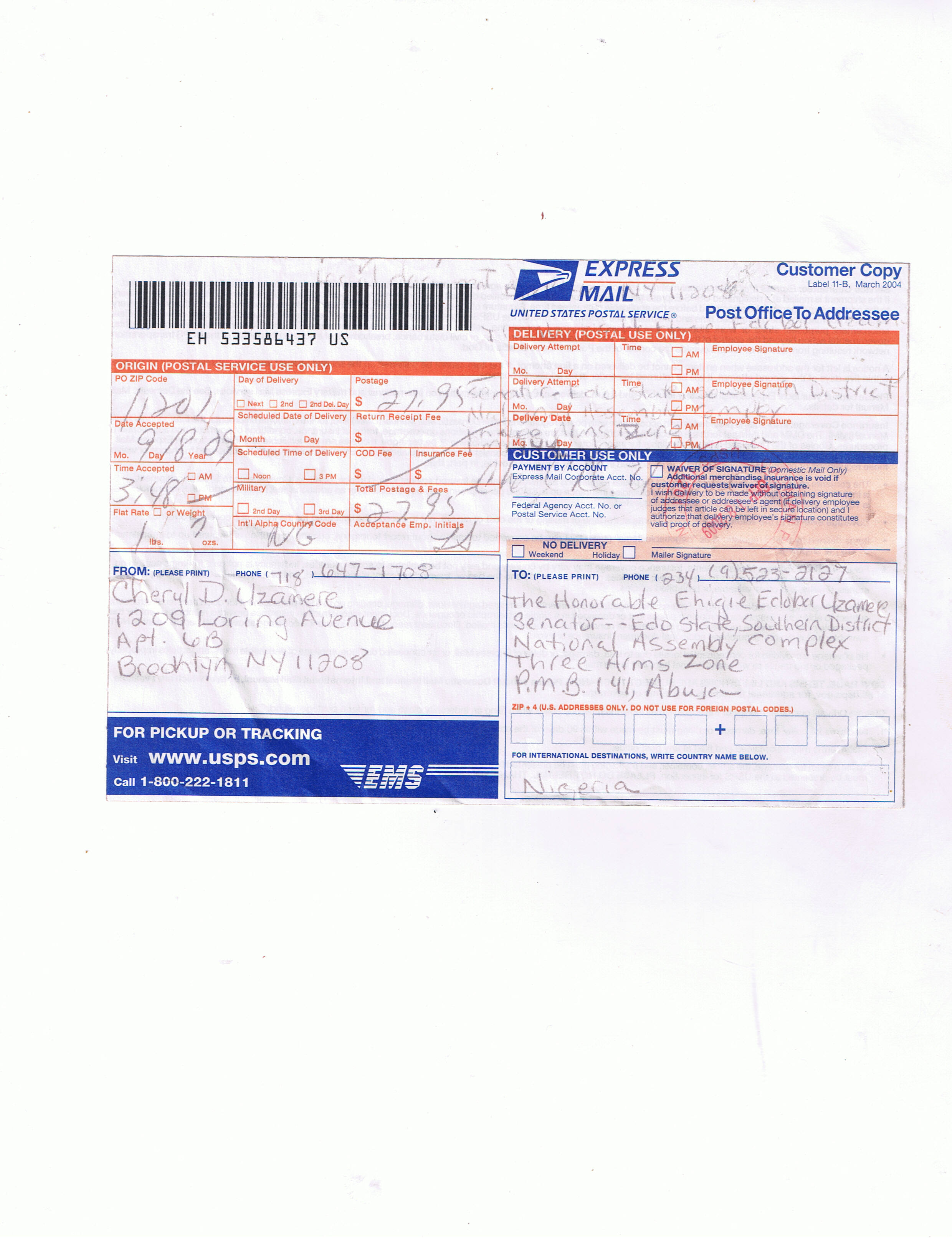 us postal service insured mail receipt